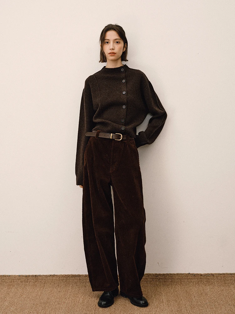 

Асимметричный шерстяной вязаный свитер для женщин, темно-коричневый, зимний, высококачественный трикотажный топ, бренд Cui, стандартный крой, длинный рукав, теплый, из толстой шерсти