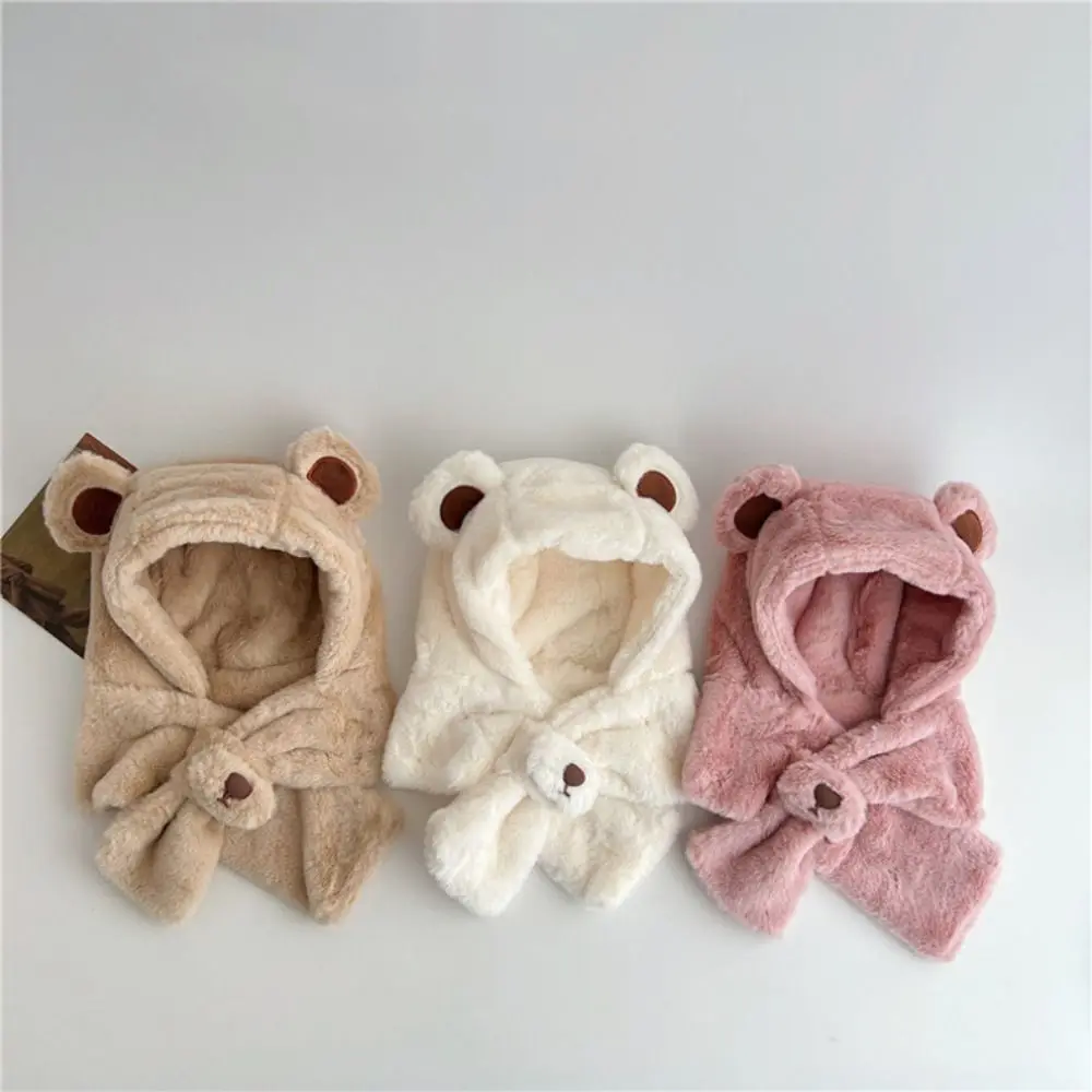 Cute One-Piece Winter Baby Hat Scarf Windproof Thick Warm Kids Hat Hooded Scarf Neck Protection Plush Infant Beanies Cap