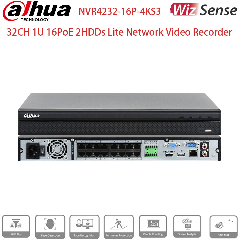 Dahua 32CH NVR 16PoE 2SATA Network Video Recorder NVR4232-16P-4KS3 160Mbps SMD Plus