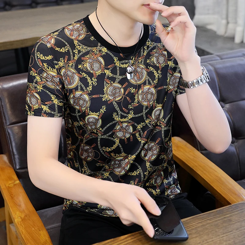 Luxury Gold Fancy Mens Short Sleeve Shirts Chain Horse Printed 2022 Summer Designer Clothing Unusual Products Party Club Wear