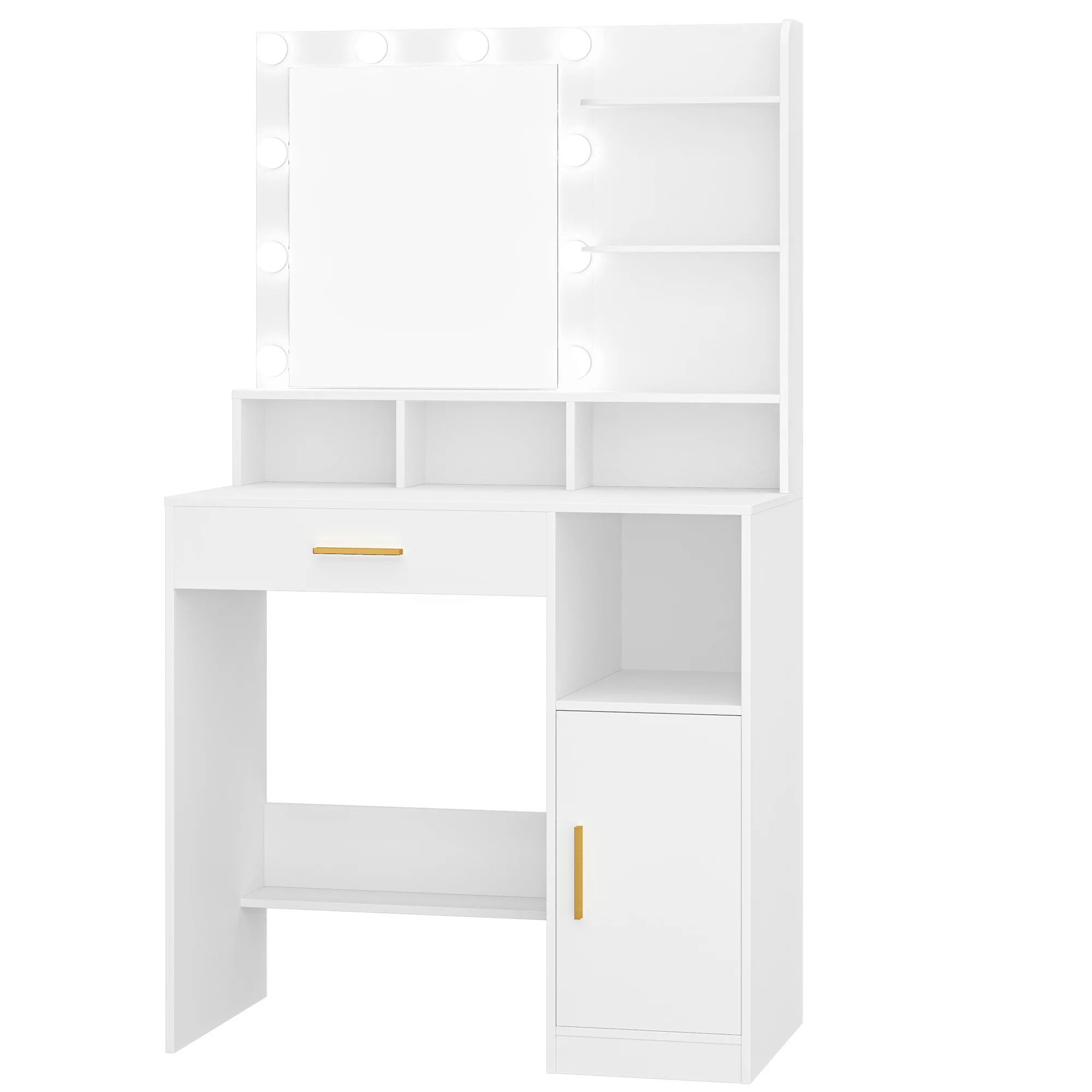 Hzuaneri kaptafel met spiegel en 10 LED-verlichting, make-up met 3 planken en 4 open vakken, met grote lade