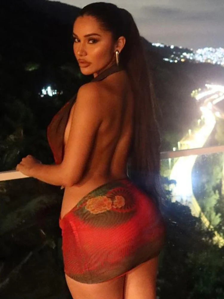 Seksowna Sukienka Damska z Siateczki Bez Pleców typu Halter z Głębokim Dekoltem V, Obcisła, Bez Talii, Coquette, Hot Girl, na Imprezę Plażową, do Klubu Nocnego