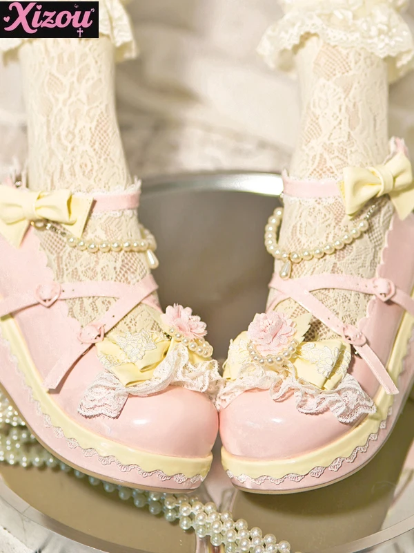 Kawaii japonês doce e bonito plataforma original muffin sapatos femininos pérola arco cabeça redonda lolita feminino mary jane único sapatos