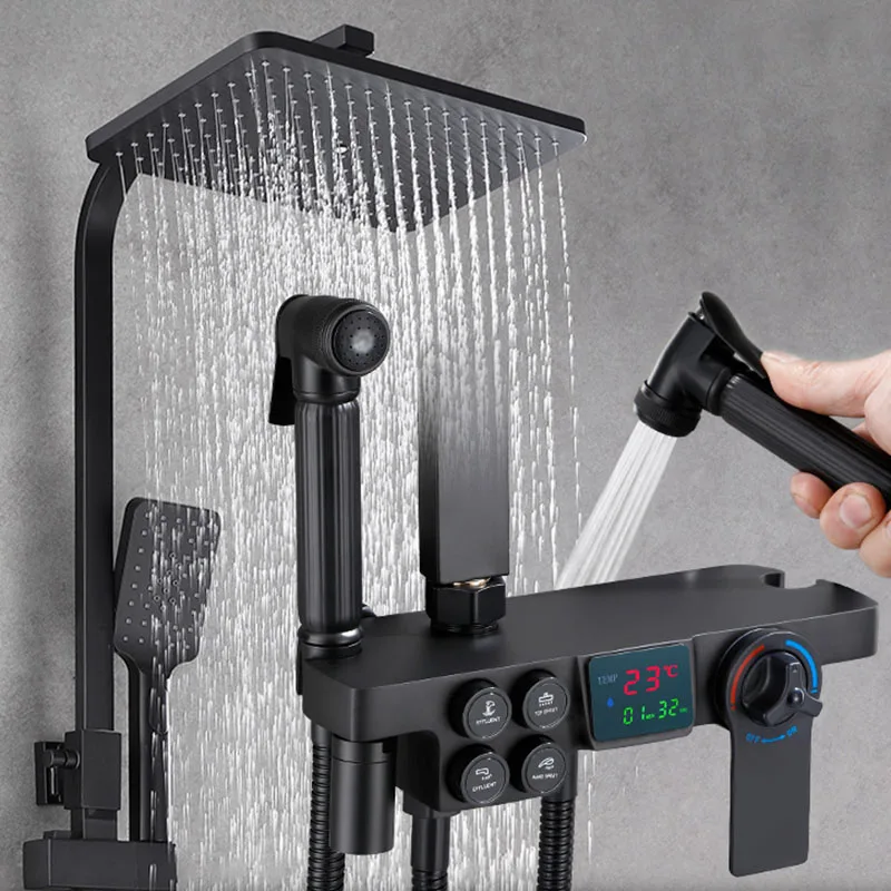 

Intelligent Bathroom Shower Faucet System Hot Cold Water Temperature Control WallMount Rain Shower Set