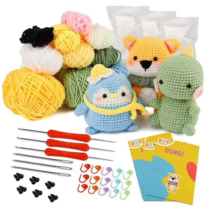 

Animal Crochet Kit With Hand Knitting Yarn Needles Plush Doll Easy for Starter Includes Enough Yarn Hook Accessories