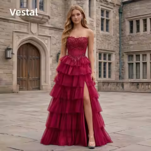 Burgundy Strapless Lace Beaded Tiered Tulle Prom Dress High Slit Women Formal Evening Party Gown Customized