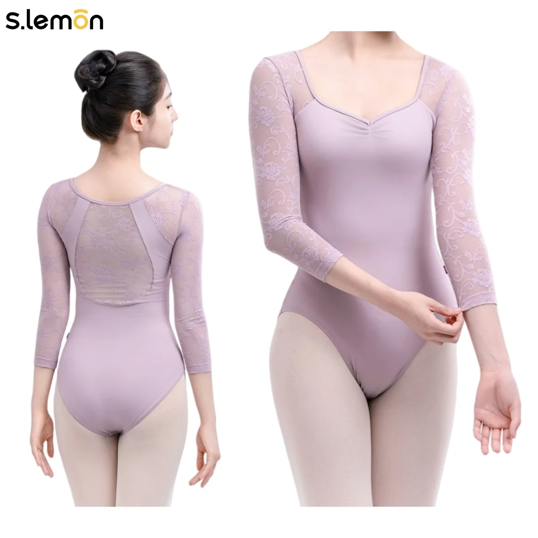

S.lemon Ballet Leotard for Women Lycra Lace Patchwork Spaghetti Strap Long Sleeve with Padded Cups Dance Practice Outfit