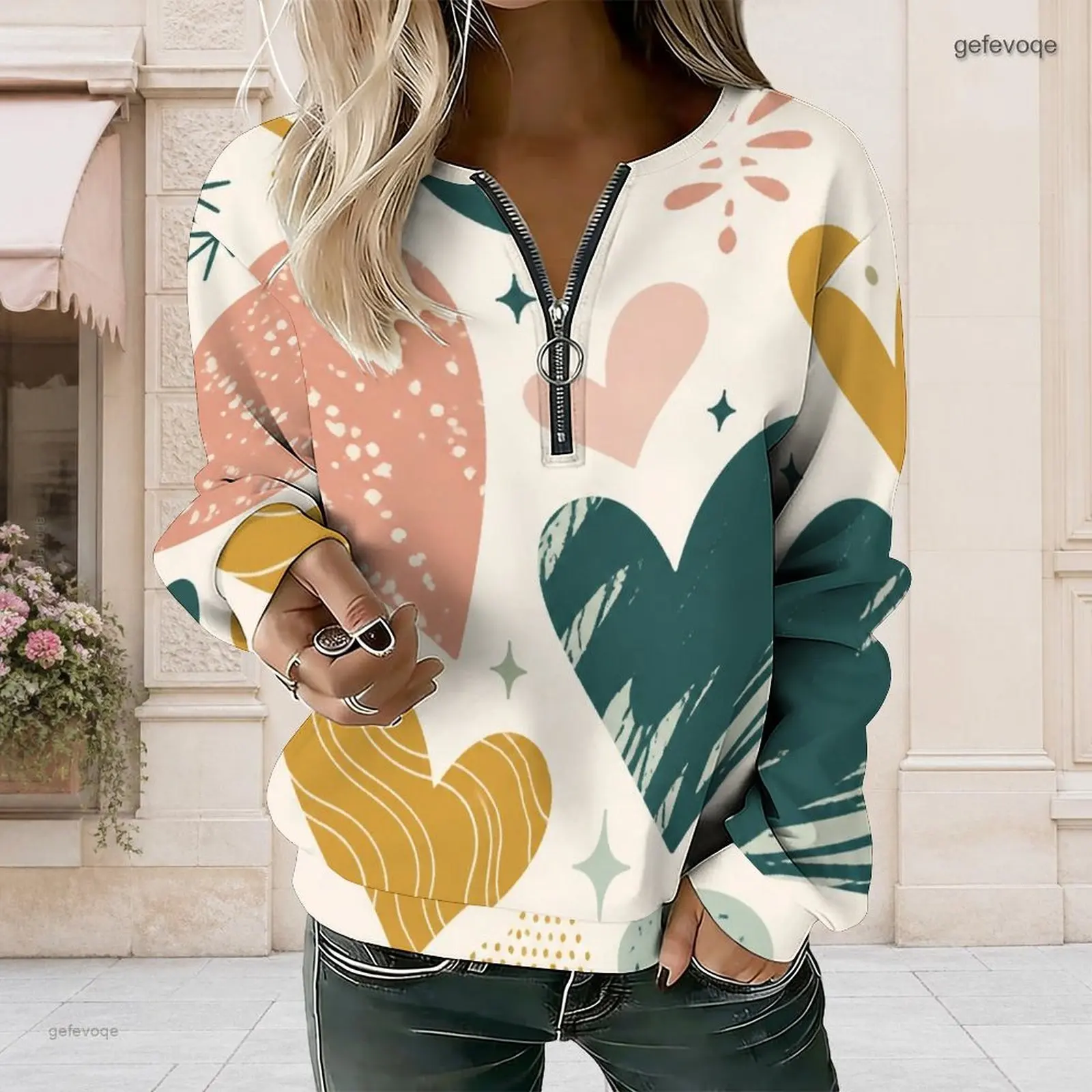 V Neck Front Zip Long Sleeve Ribbed Cuffs Printed Sweatshirt for Women