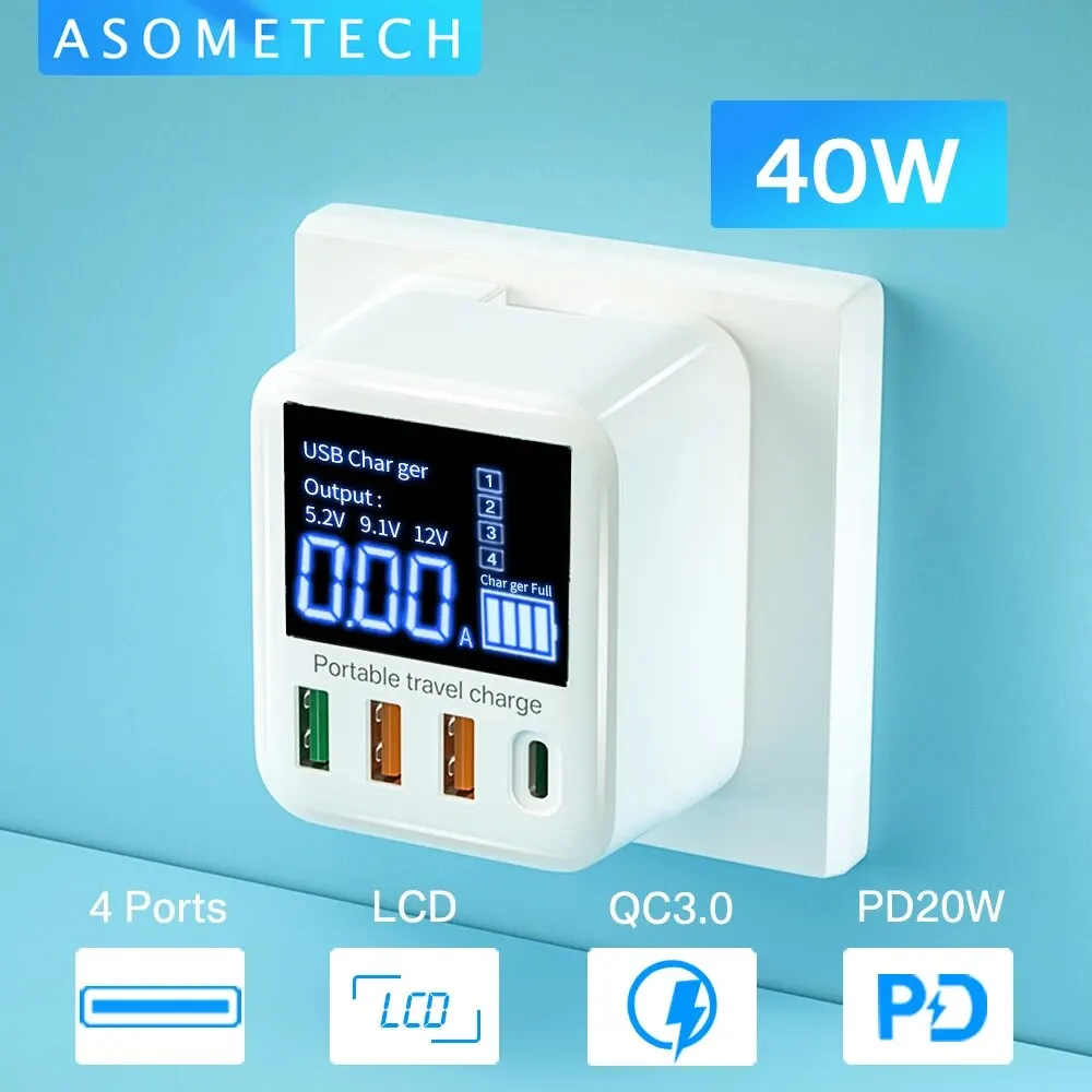 ASOMETECH 40W USB Wall Charger 4 Port With LED Display,QC3.0 PD3.0 USB Fast Charger For iPhone IPAD Huawei Xiaomi Samsung