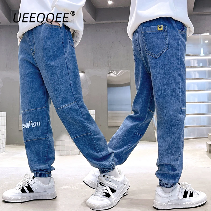 

Spring Autumn Children Jeans 4-14Y Boys Cotton Print Splice Stretch Denim Pants Korean Teenage Trousers Wear Kids Clothing New