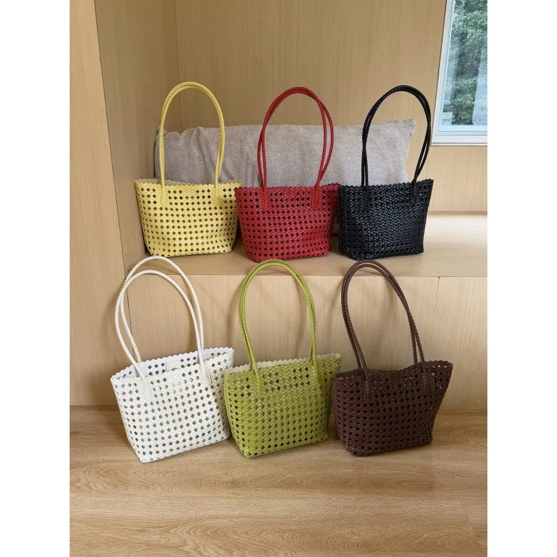 Korean-Style Ins Soft Leather Woven Hollow-Out Basket Shoulder Bag for Women, Fashionable Niche Vacation Handbag Underarm Tote Bag