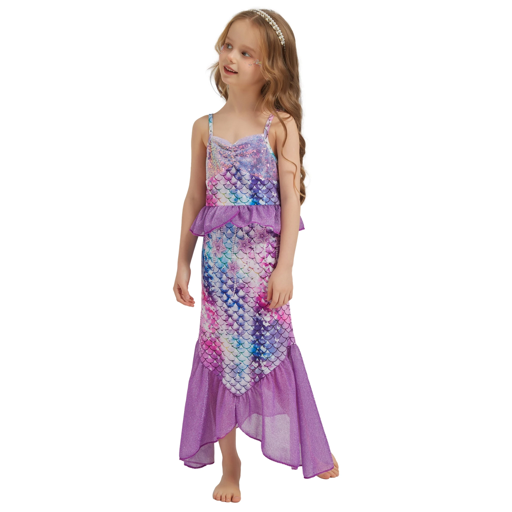 Vestido de sirena para niños, elegante disfraz de princesa sin mangas con lentejuelas para fiesta de cumpleaños y Halloween para niñas