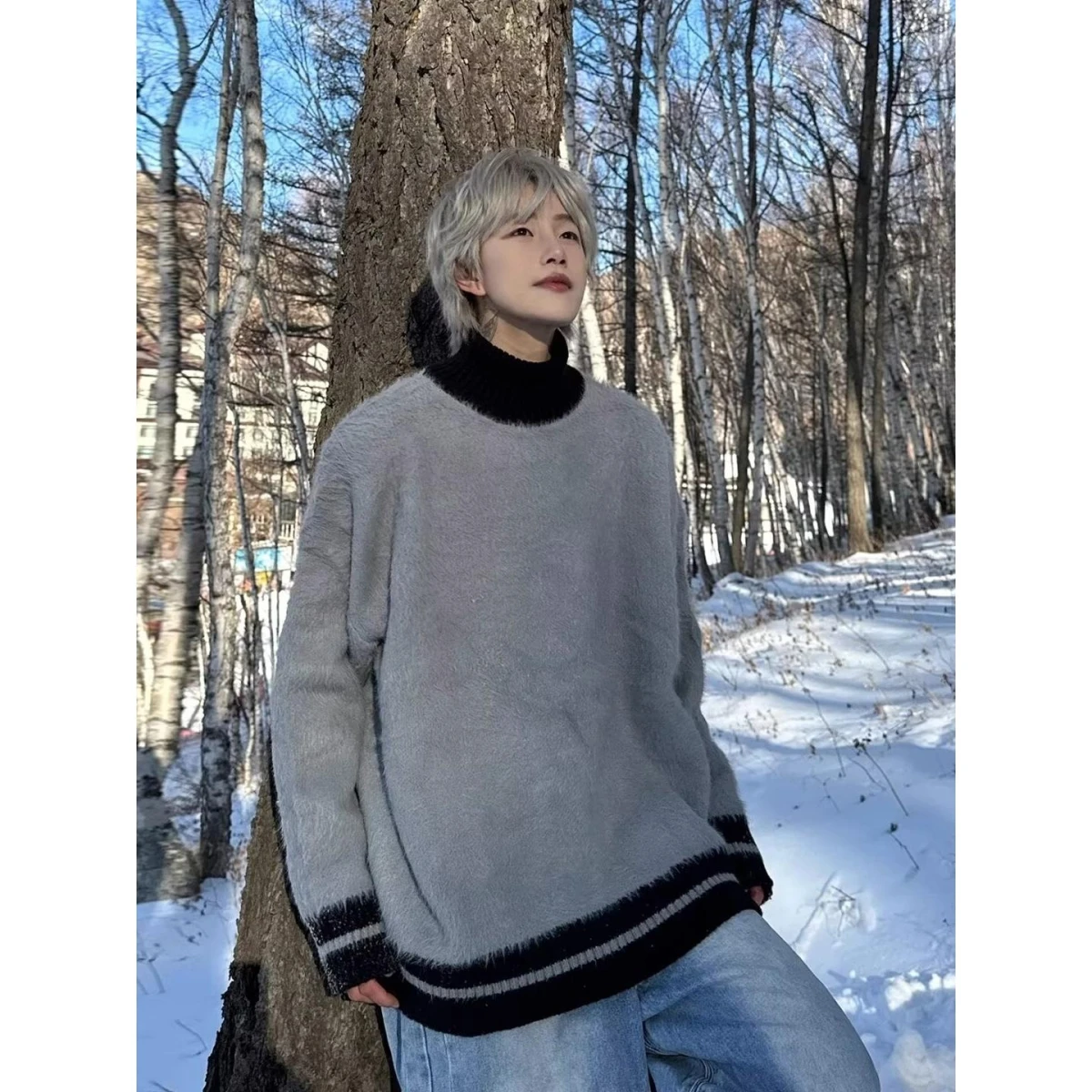 

Мужской зимний вязаный свитер с высоким воротником, норковый бархат, свободный крой, цветная блузка, пушистая верхняя одежда, повседневная одежда из полиэфирного волокна