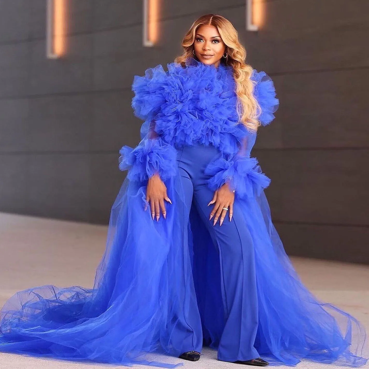 Stylished Royale Blue 2 Pieces Women Sets Ruffles Trimmed Tulle Blouse And Loose Stretchy Pant Formal Maxi Gowns