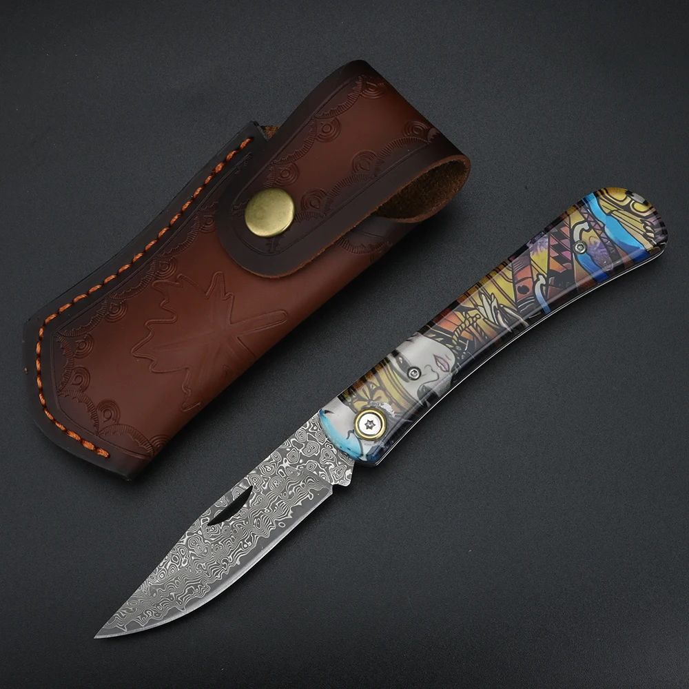 Transparent Resin Handle Folding Knife, Damascus Pocket Knife, Camping Multi-Function Emergency Knife