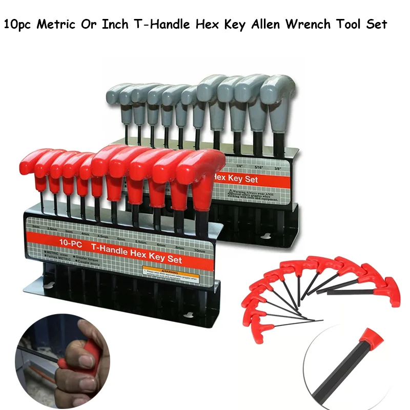 10pc Metric Or Inch T-Handle Hex Key Allen Wrench Tool Set Or Star T-Handle Hex Key Set with Convenient Storage Stand Hand Tools