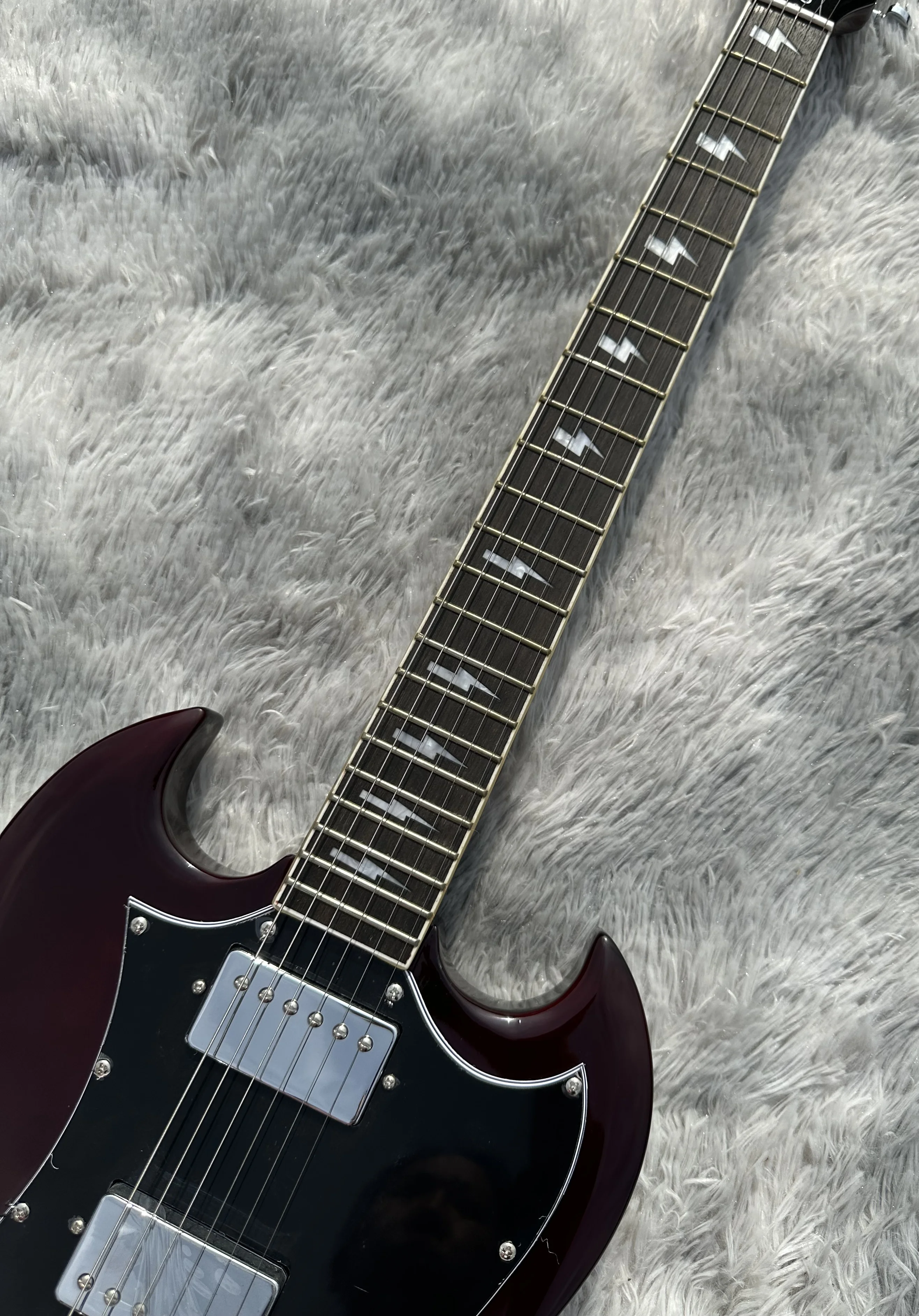 SG electric guitar, custom signature lightning inlaid fingerboard, dark red, silver accessories, quick shipping