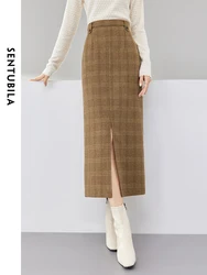 Sentubila Retro Plaid Khaki gonna longuette di lana elegante gonne dritte spaccate spesse per le donne 2024 vestiti femminili primaverili 134 q52894