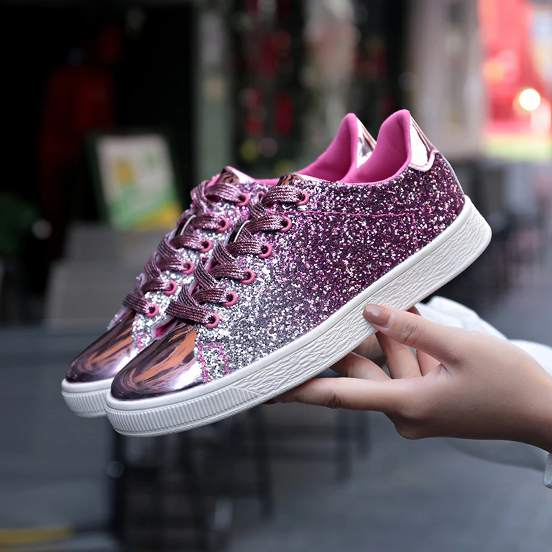 

Women Casual Glitter Shoes Mesh Flat Shoes Ladies Sequin Vulcanized Shoes Lace Up Sneakers Outdoor Sport Running Shoes