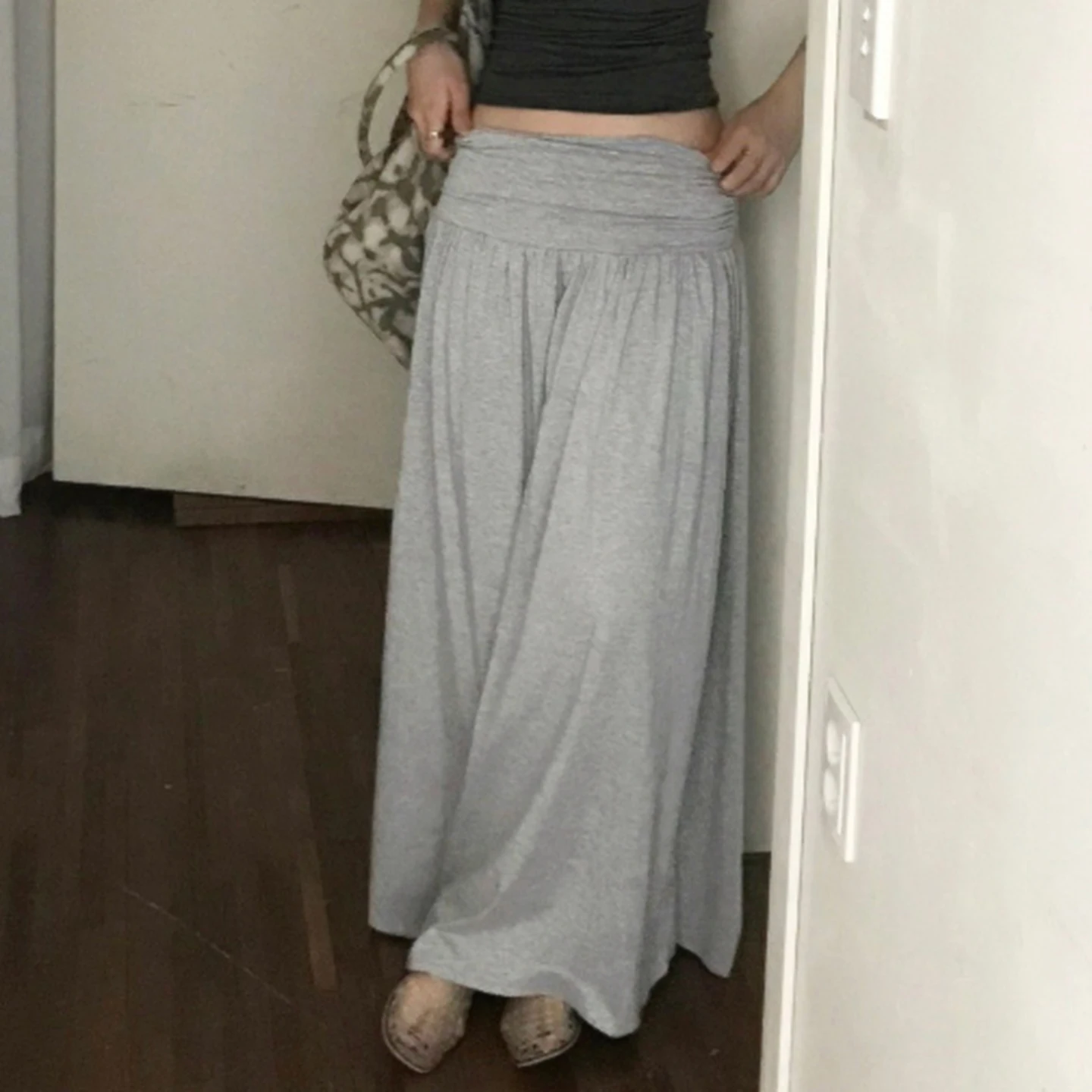 Solid Women Fold Over Waist Maxi Skirt Loose Flowy A-line Long Skirt Casual Soft Knit Streetwear Y2K Aesthetics Fashion New