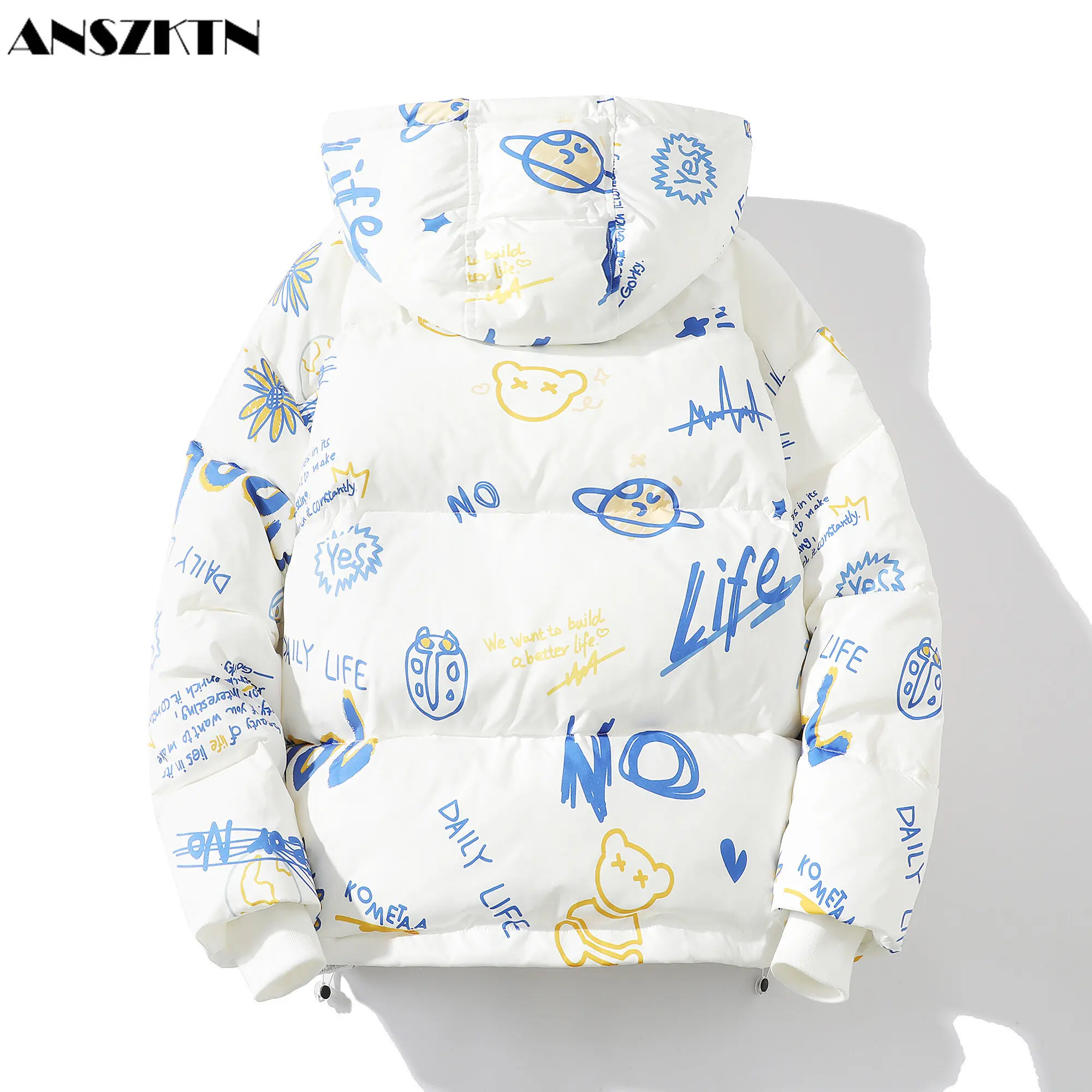 Anszktn masculino inverno impressão tendência com capuz puffer acolchoado casaco casais casual graffiti pão para baixo jaqueta