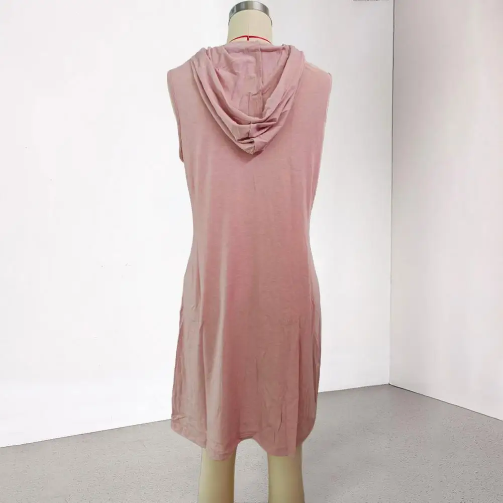 Hoodie T-Shirt Style Dress Women's Summer Solid Color V-Neck Sleeveless Mini Dress Casual Drawstring Straight Sports Dresses