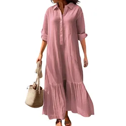 New 2024 Summer Women's Cotton Linen Shirt Beach Vacation Style Shirt Skirt Flip Collar Long Sleeve Sun Robe