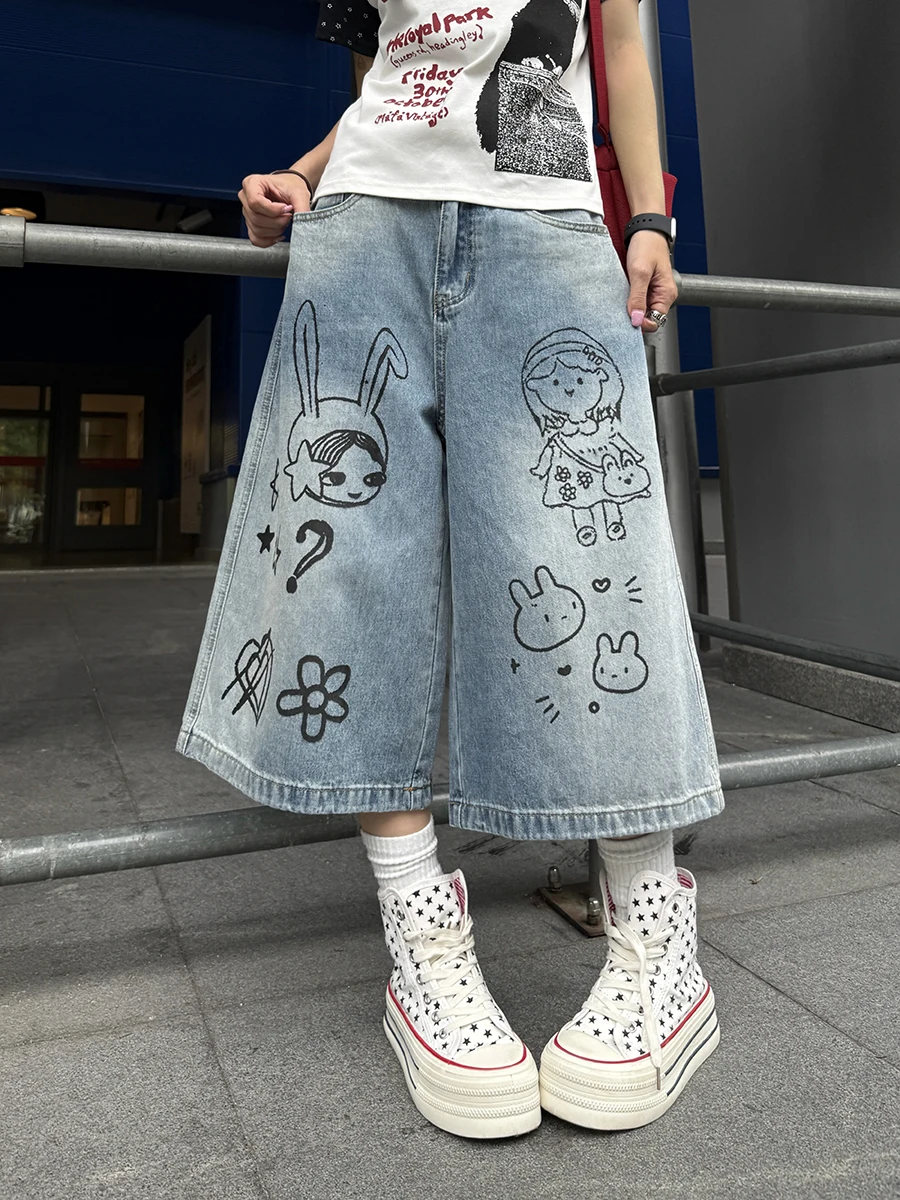 

Summer New Women's Loose Fit Wide Leg Jeans Cartoon Graffiti Denim Seven-Foot Pants Comfortable Versatile Knot Detail
