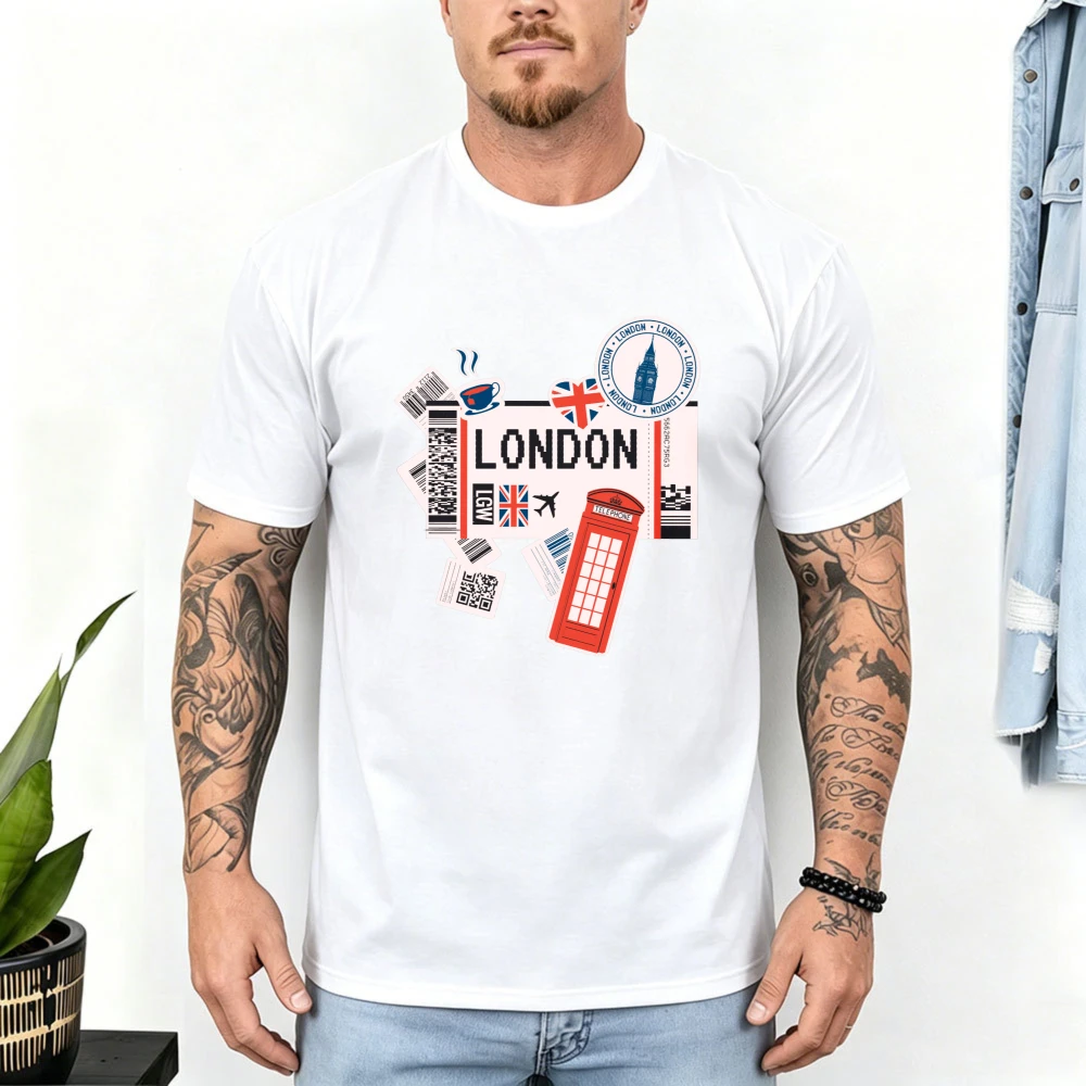 London Flight Boarding Pass Graphic Tee Red Telephone Box Travel Ticket Souvenir Men Women Casual Tops Retro Souvenir Cotton Tee