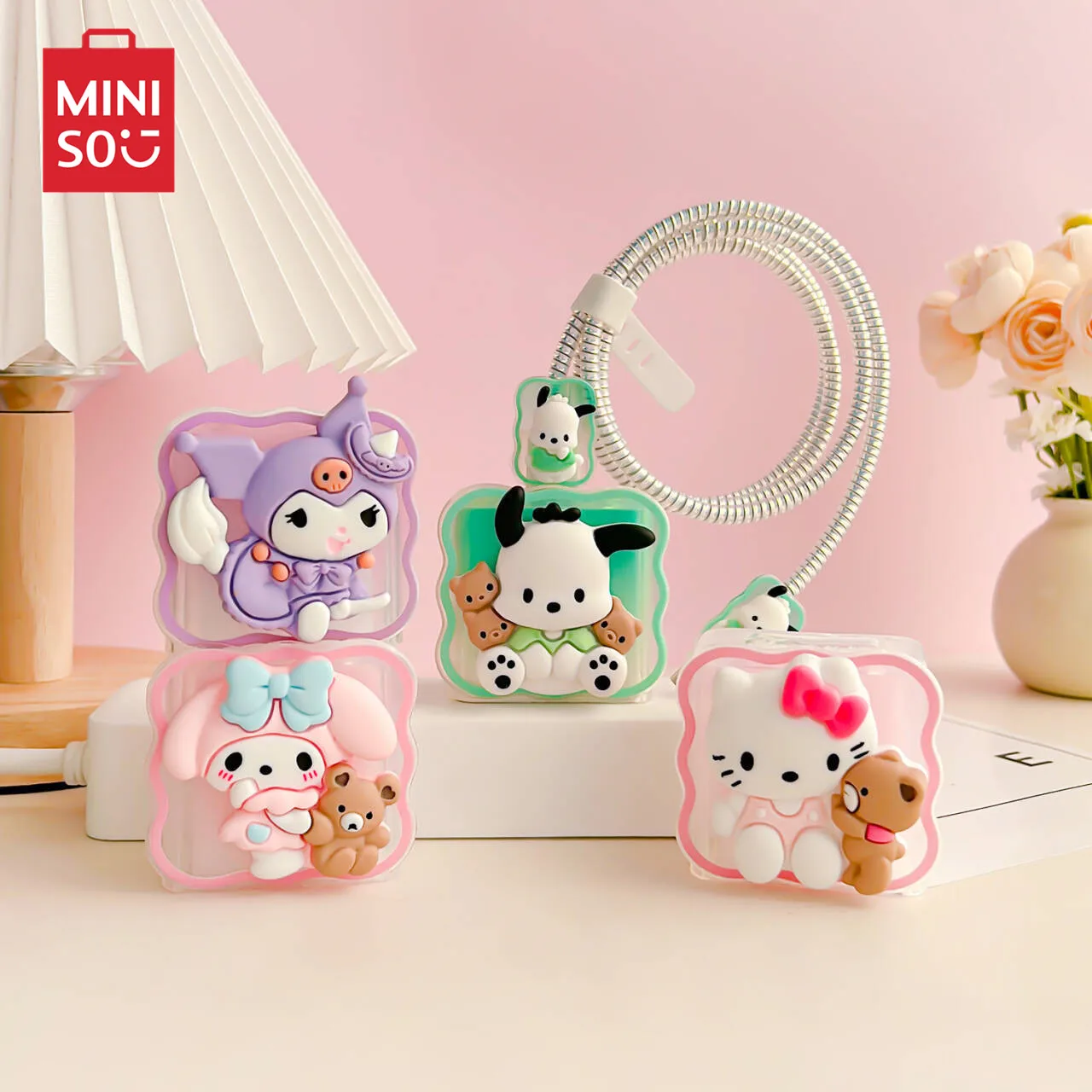 Miniso Sanrio 5Pcs Zestaw ochraniaczy kabla do Xiaomi 120W/67W/33W Szybka ładowarka Etui do zarządzania kablami Organizery przewodów telefonicznych