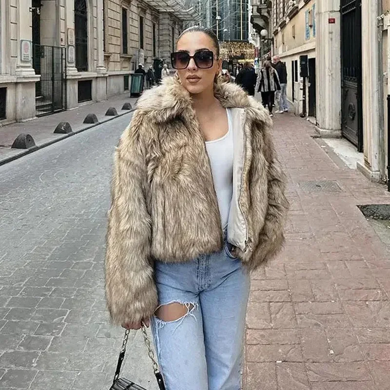 2024 Winter New Fluffy Fur Coat Women Casual Loose Lapel Long Sleeve Faux Fur Cropped Jacket Female Soft Thick Warm Outerwear