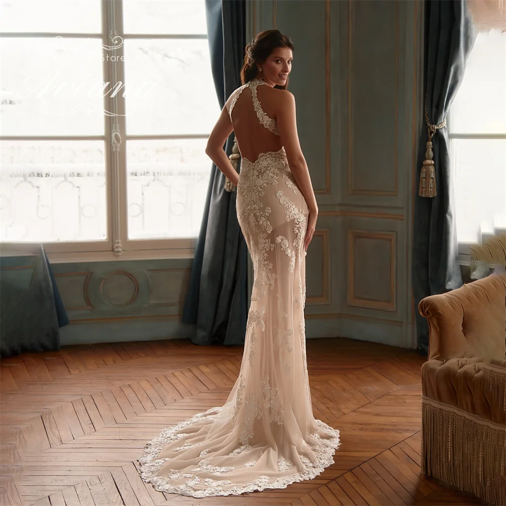 Aviana Customized Halter Sleeveless Lace Mermaid Wedding Dress Court Train High Side Split Embroidery Design Elegant Sexy Design