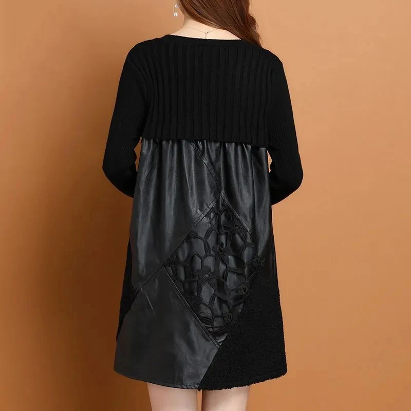 2024 New,Spring Autumn Dress,Women's Clothing,Split Knitted Sweater Panel PU Leather A-line Dress,Large Size Black Dresses,AC925