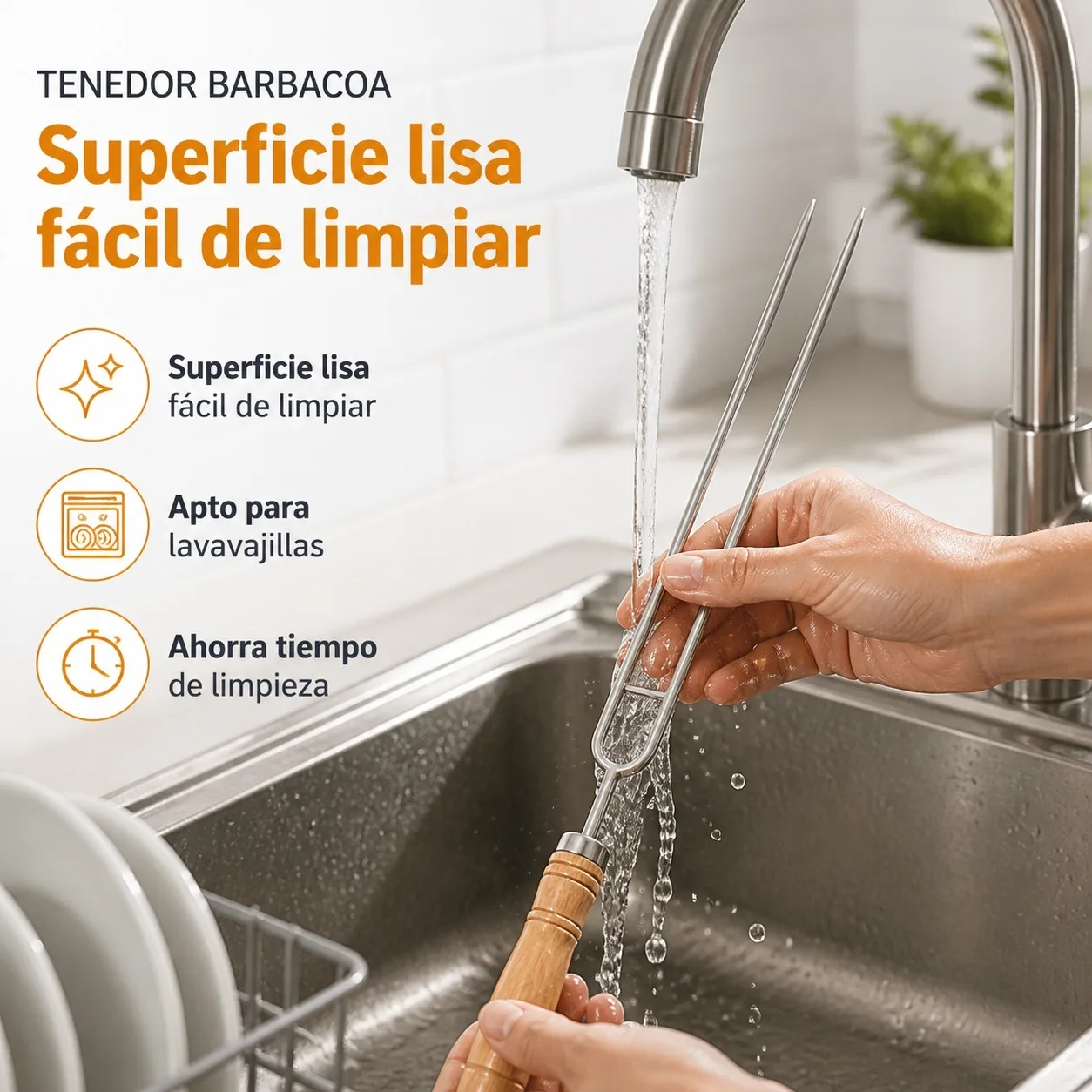 Tenedor para Barbacoa de Acero Inoxidable 42cm con Mango de Madera Antideslizante, Horquilla de Dos Puntas para Parrilla, Carne y Salchichas, Herramienta de Cocina Resistente al Calor