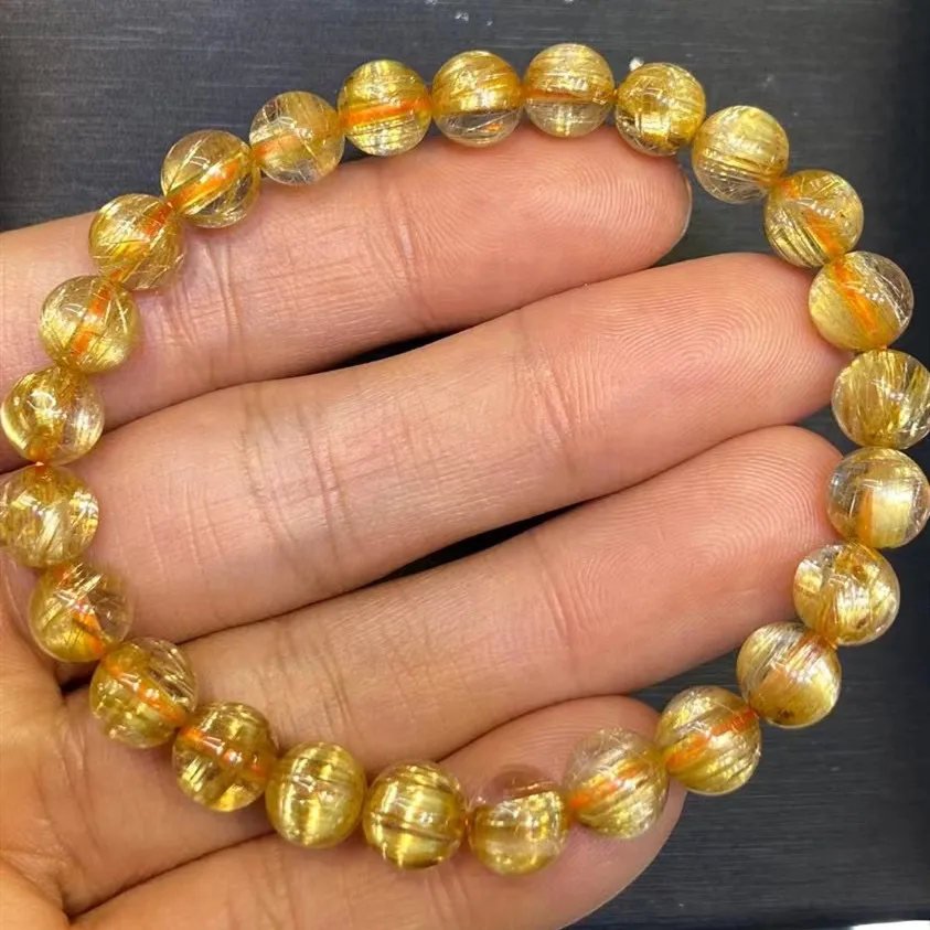 Natural Gold Rutilated Titanium Quartz Bracelet Brazil 7.7mm Woman Man Wealthy Clear Round Beads Crystal Charms AAAAAA