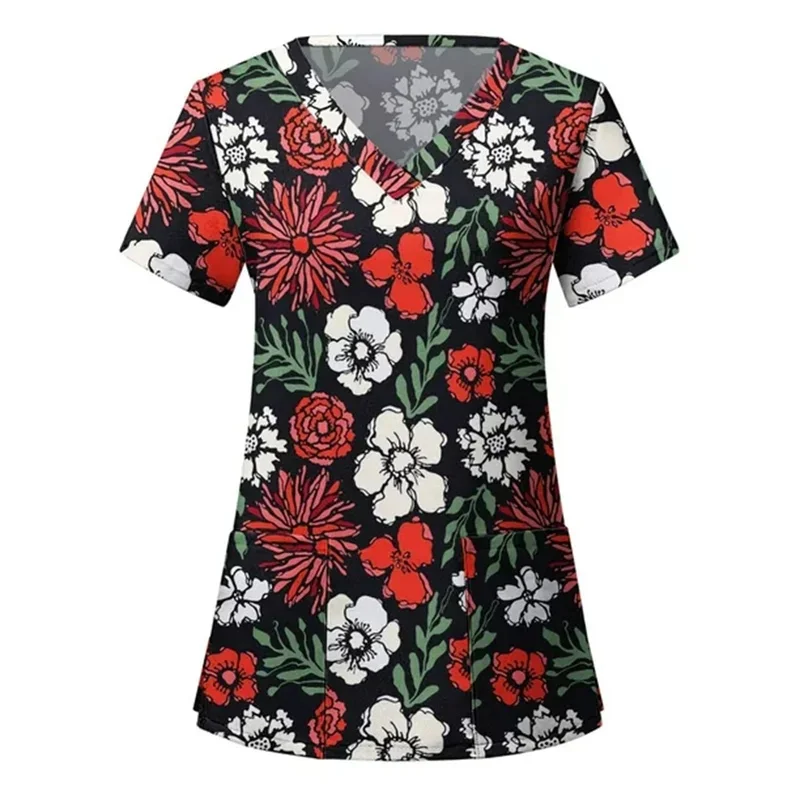 Women's Floral Elegant Medical Workwear Short SleeveVTie pocket clinical uniform for dental clinics and beauty salons