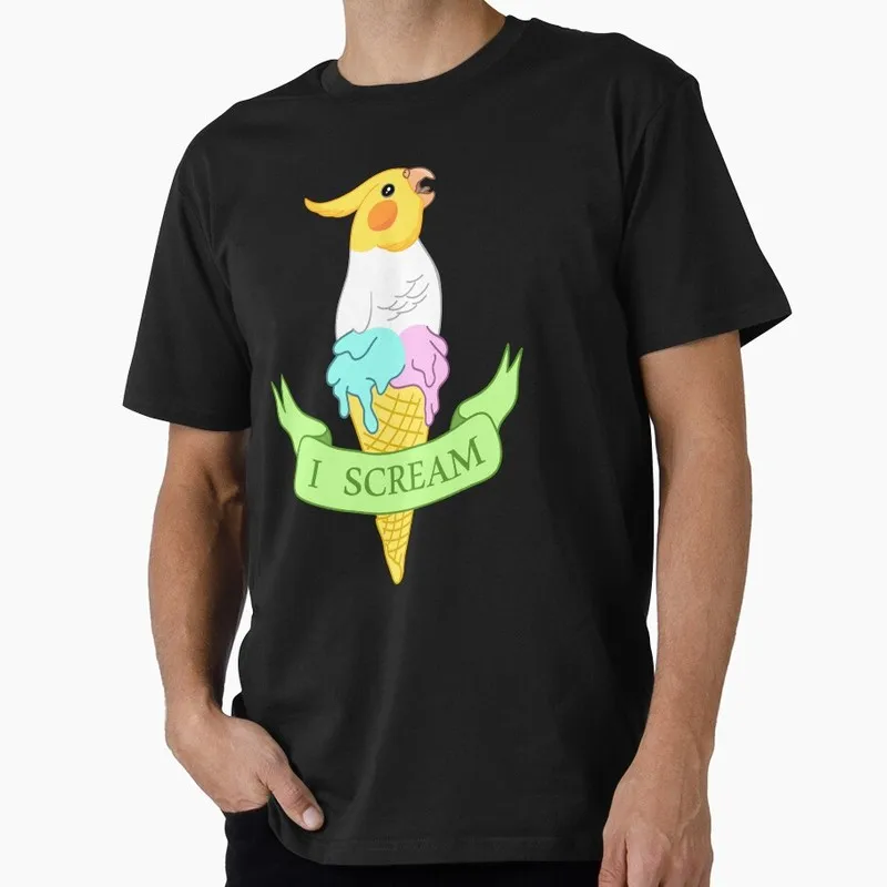 I scream Ice Cream - white cockatiel Funny Parrot Gift T-shirt for Birds Lover Short Sleeve Graphic Clothes All Size Tops S-6XL