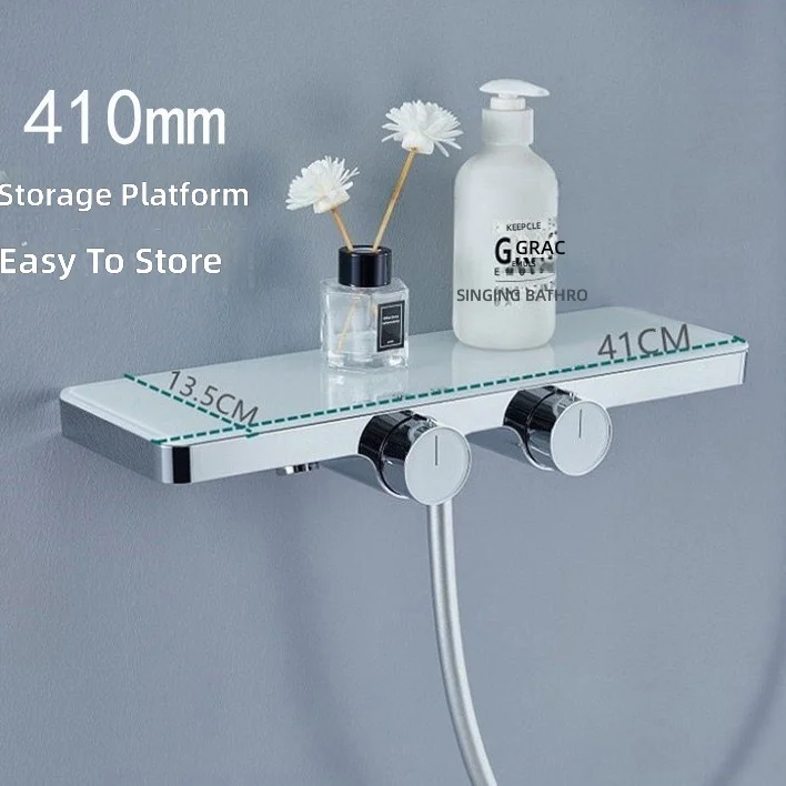Copper Waterway Easy Install Wall-Mounted Shower Set, Silver, Hot and Cold, 2 in 1 Shower Head with Shelf, Home Bathroom Fixture