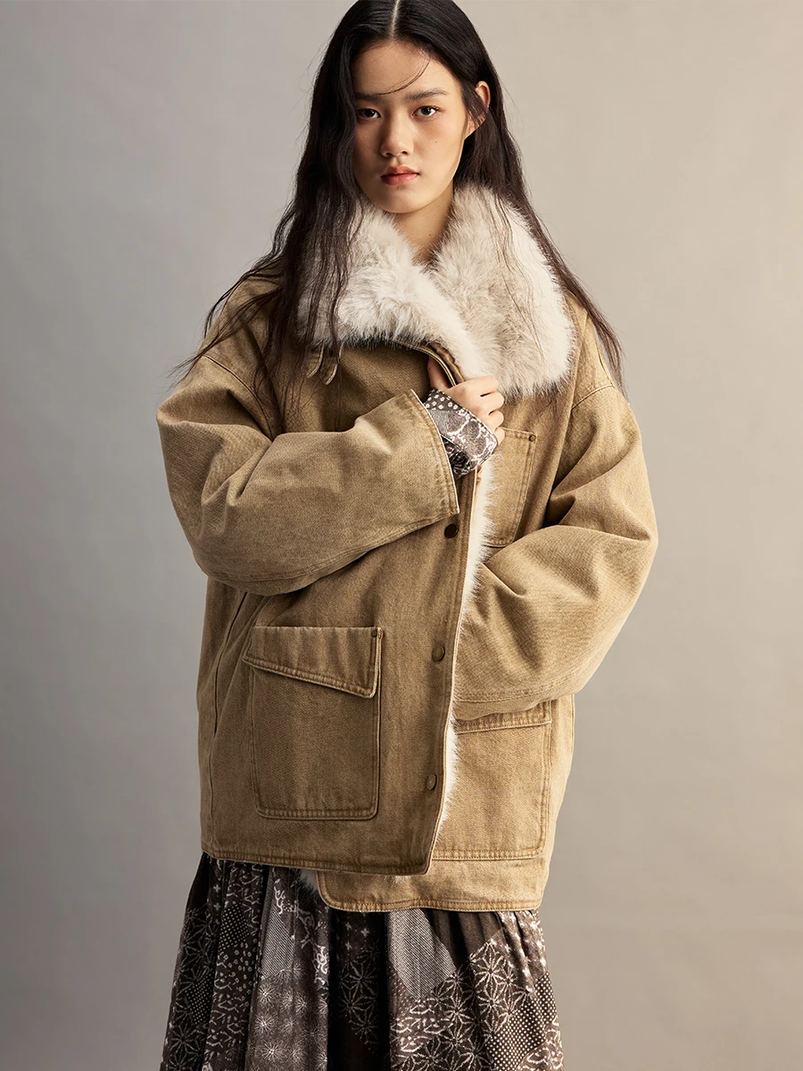 

Tengri CAREMIND Sassy Cool Workwear Goose down Jacket Detachable Fur Collar Warm Outerwear Women's Cotton Blend Long Sleeve Coat