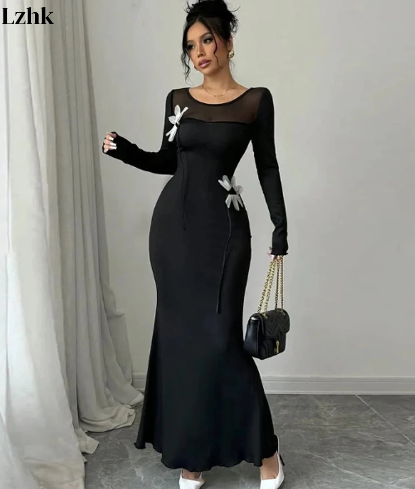 Customized High Quality Jersey Mermaid 3D Flowers Evening Dress Temperament O-neck Long Sleeves Ankle Length Celebrity Gowns