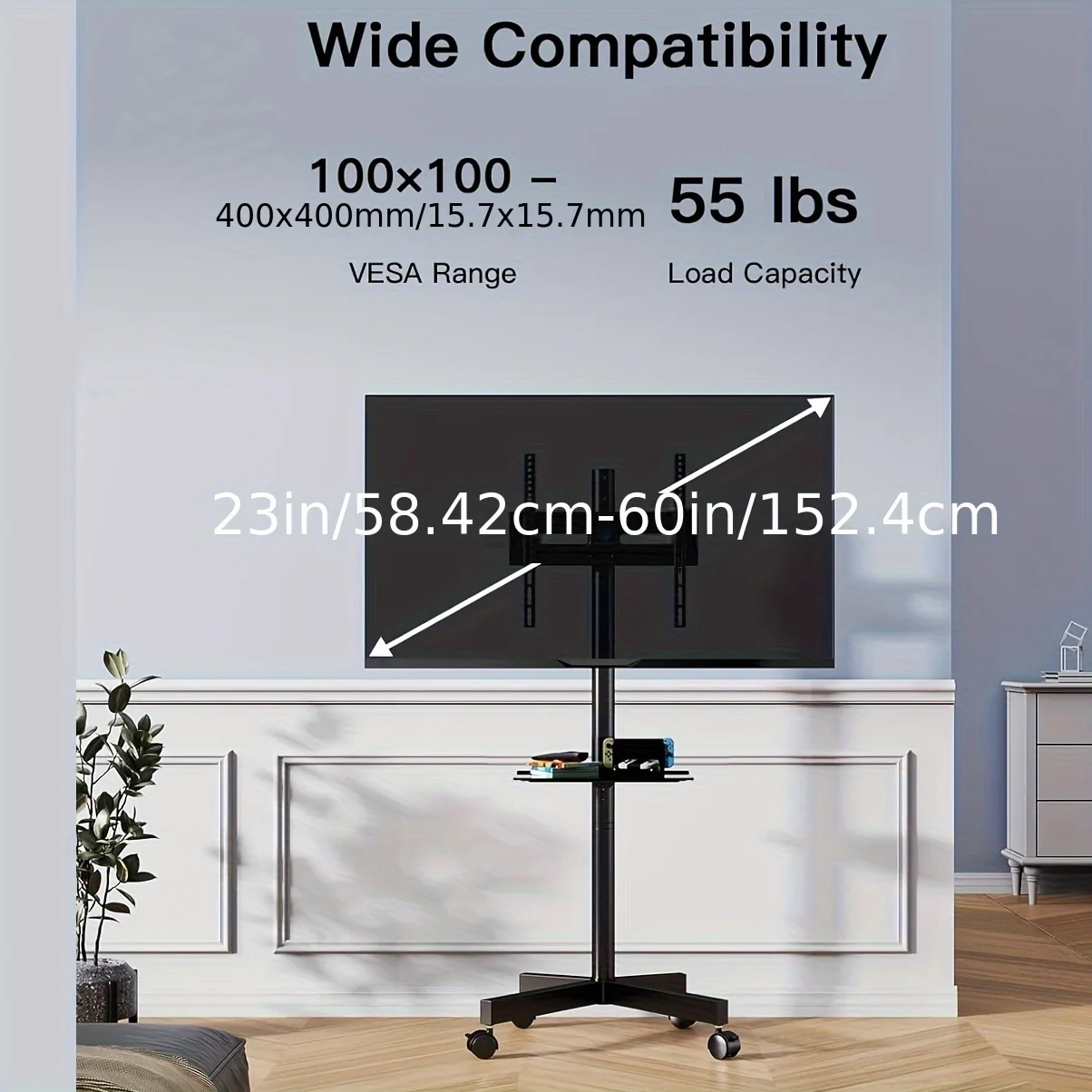 Height Adjustable Rolling TV Cart with Lockable Wheels