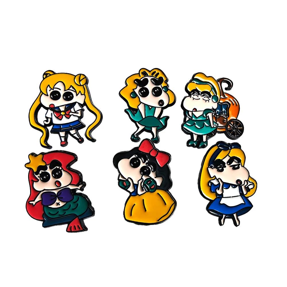 2026 6pcs Funny Crayon Shin-chan Cos Sailor Mermaid Princess Enamel Pin Anime Character Lapel Badge Brooch Backpack Pin Gift