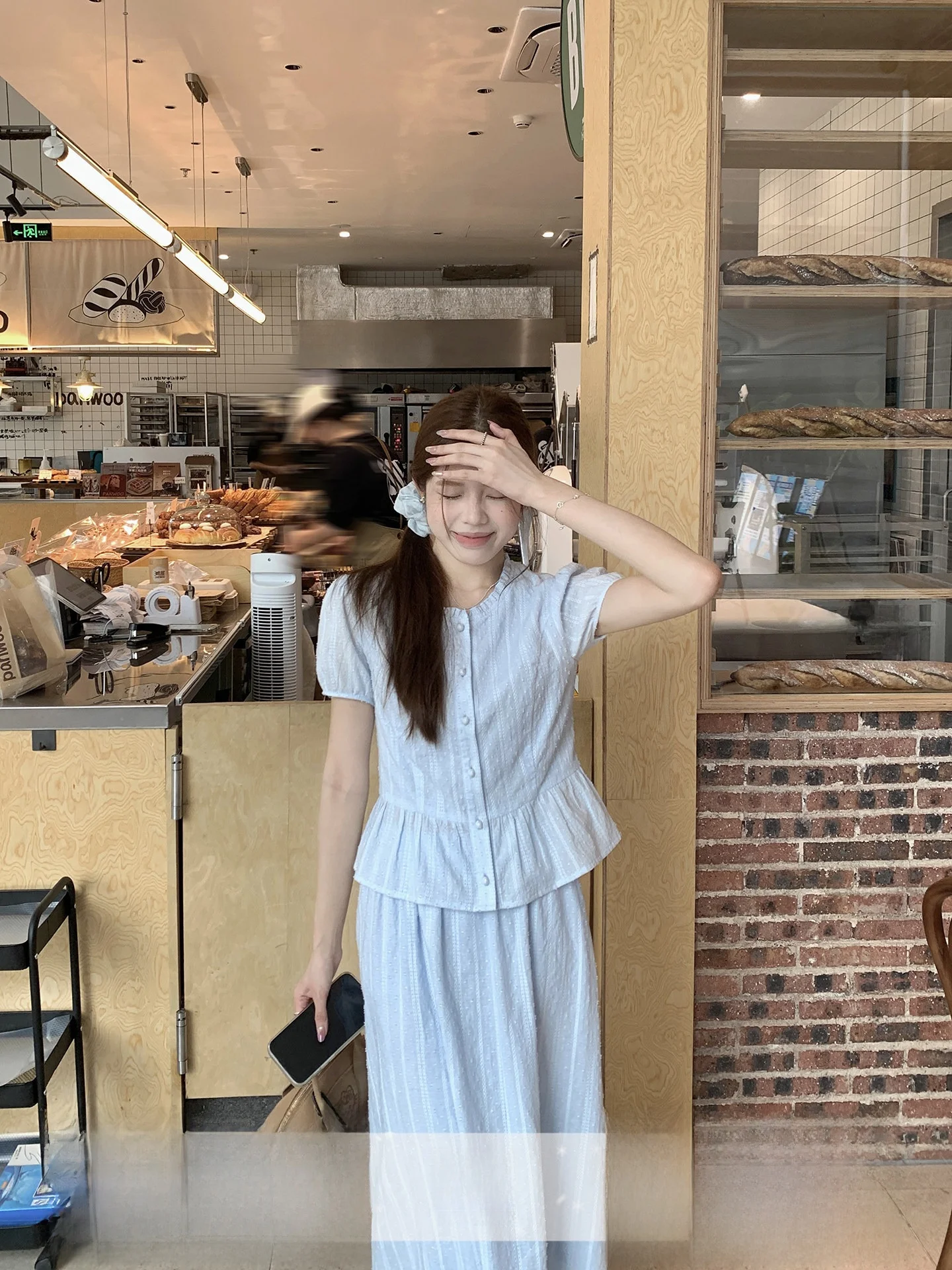 

Blue Texture round Ne irt And High Waist Skirt Set Women's Faion Summer Outfit ort Bubble Sve Cotton Blend