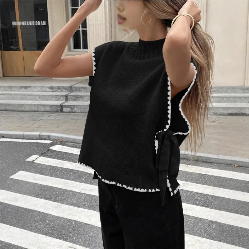 Women's Fast Selling Sleeveless Sweater Vest Simple Design Top Contrasting Colours Bow Tie Ties Comfortable White Dress