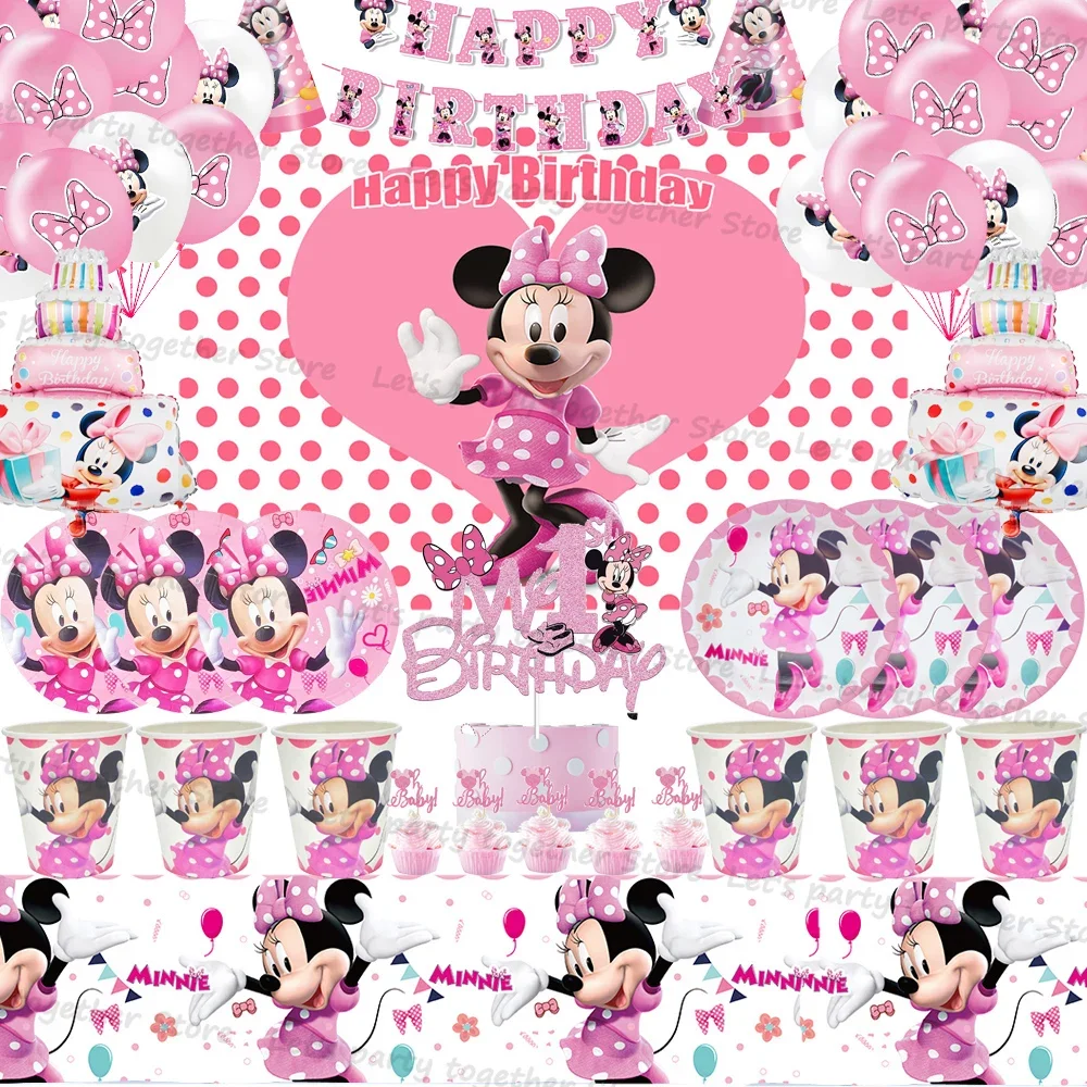 Disney Pink Minnie Maus Party liefert Anime Figuren Geschirr Tassen Teller infundieren Folie Latex Banner Mädchen DIY Party Dekorationen