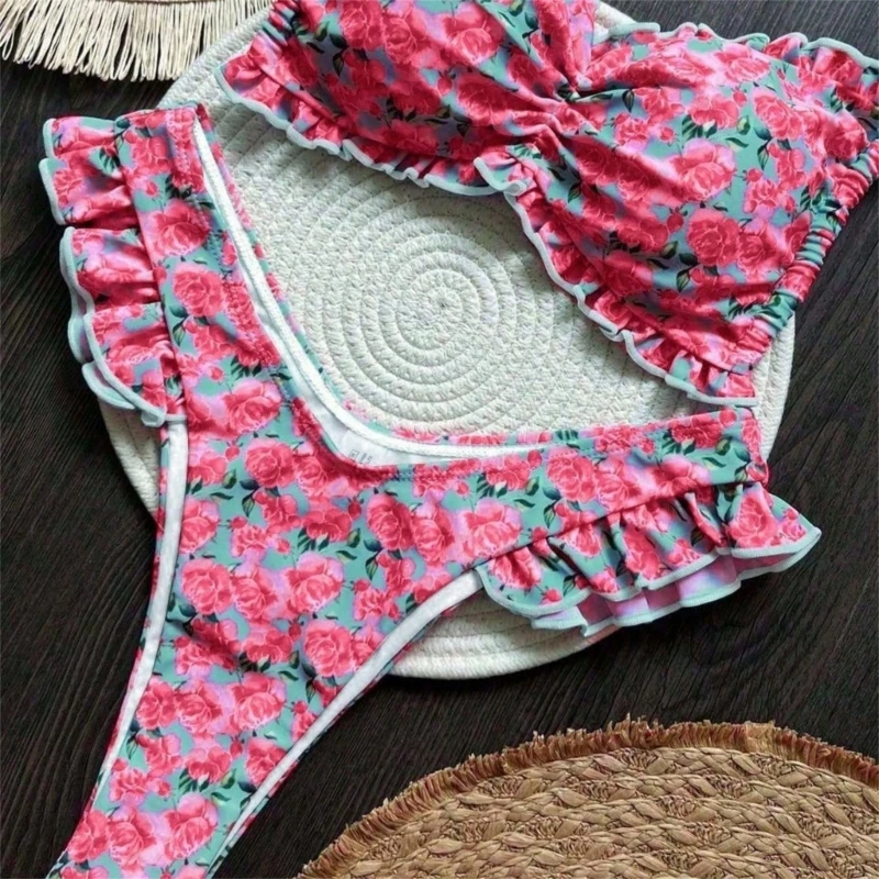 طقم تانكيني مكشكش مكون من قطعتين للنساء، ملابس سباحة مطبوعة بالزهور، تصميم منفصل، ملابس شاطئ مريحة