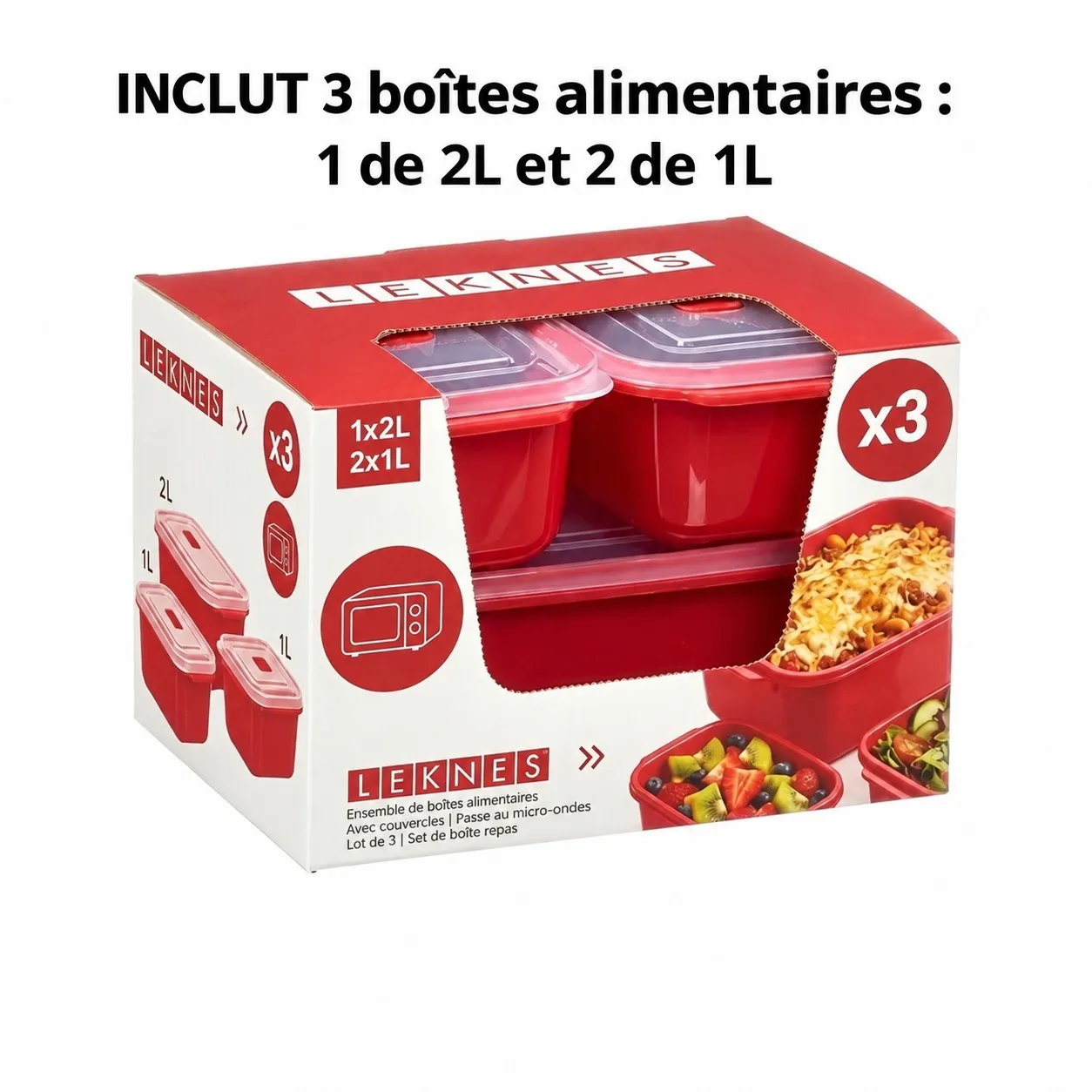 Juego de 3 recipientes de plástico rojo para guardar alimentos, aptos para microondas, con tapa hermética y válvula para transportar el almuerzo y los restos de comida. Capacidad de 1 litro y 2 litros.