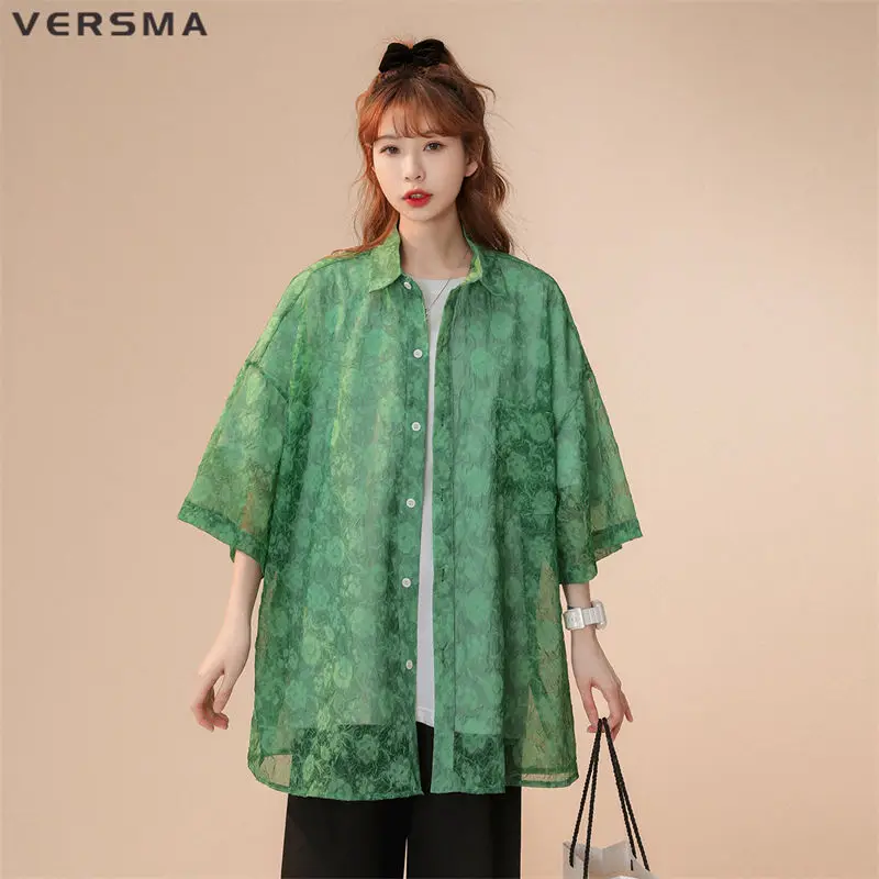 

VERSMA Korean Kpop Green Tulle Floral Print Shirts Male Summer Vintage Short Sleeve Unisex Fairy Shirt Women Blouse Dropshipping