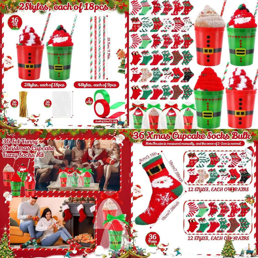 

36 Pairs Festive Christmas Cupcake & Santa Socks Set, Plus 16 Oz Cups, Straws, and Gift Bags - Perfect Winter Holiday Gift