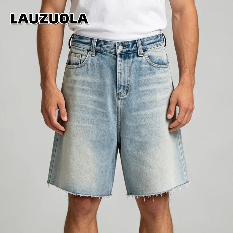 Men Vintage Wash Denim Jorts Raw Frayed Hem Baggy Wide Leg Knee Length Jean Shorts Casual Streetwear Male Short Pants